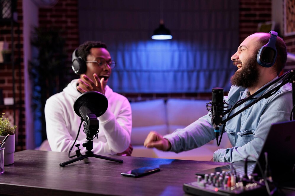 Dois homens conversando em uma sala de gravação de podcast