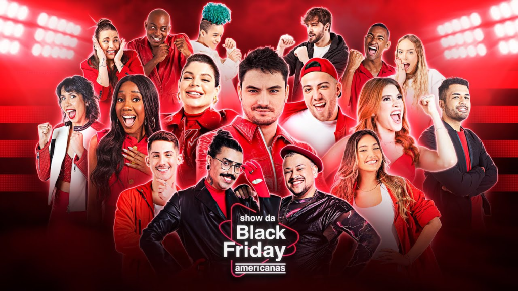 A imagem apresenta todos os influenciadores que fizeram parte da live commerce das Americanas, intitulada "Show da Black Friday Americanas". Suas fotos encontram-se distribuídas na imagem, em que há predominância da cor vermelha da marca que estão representando.