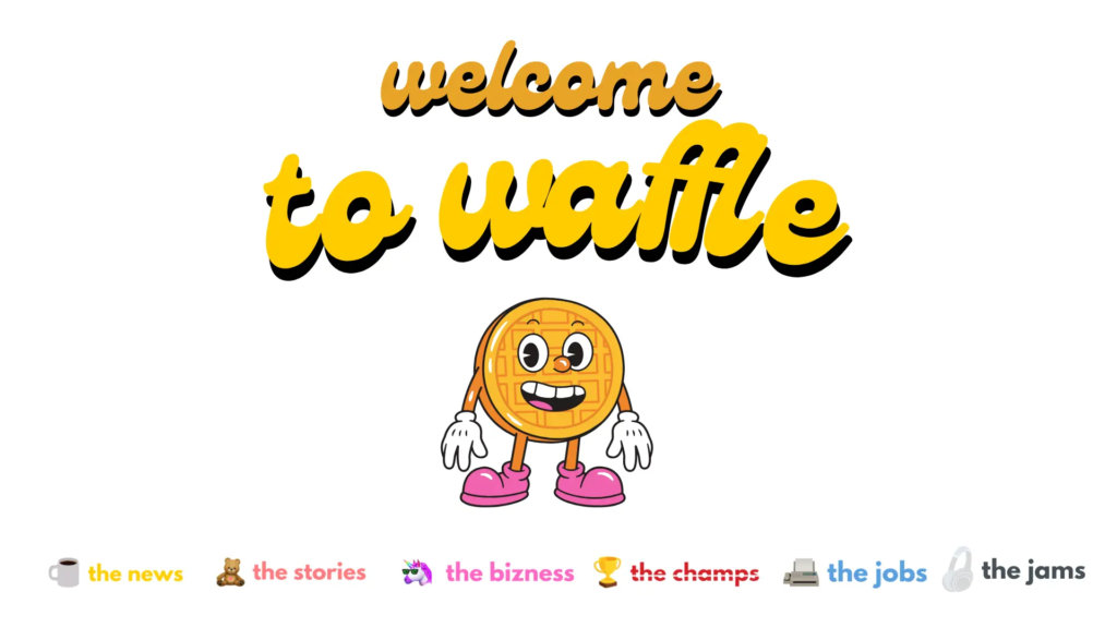 A imagem representa a logo do Grupo Waffle. Abaixo, se encontram seus 7 produtos principais.