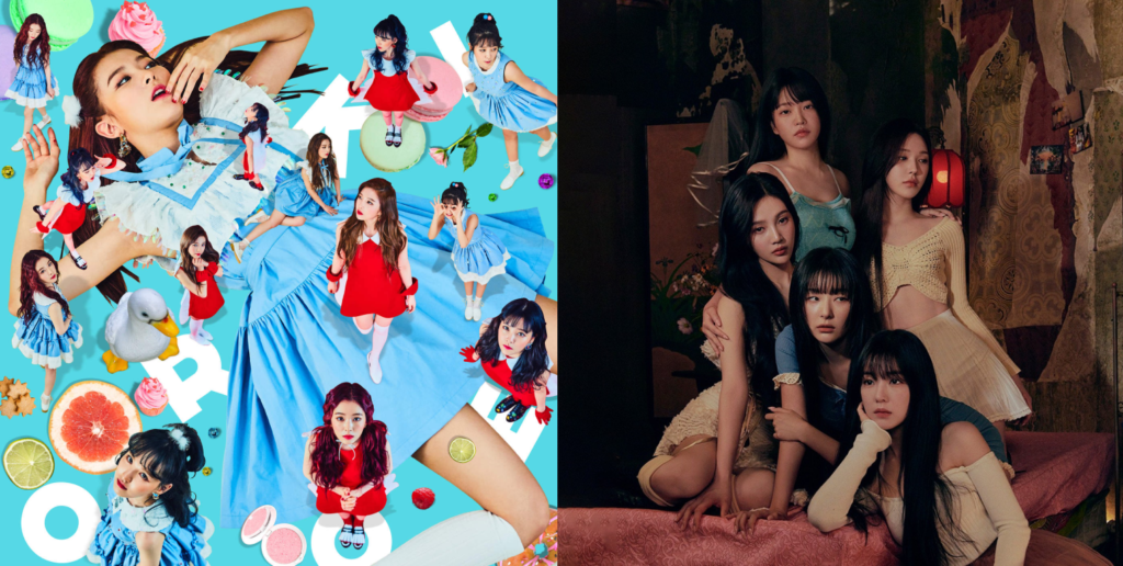 A imagem é uma montagem composta por duas fotos, que mostram momentos diferentes do grupo Red Velvet. A partir disso, é possível perceber os conceitos visuais adotados em nessas fases no grupo.